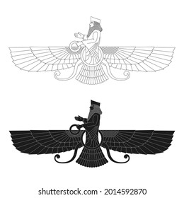 vector monochrome icon with ancient  sumerian symbol Faravahar for your project