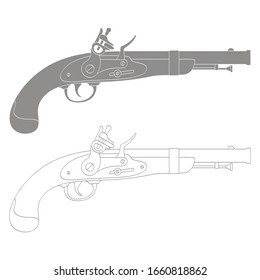 Vector monochrome icon of old pistol, gun.