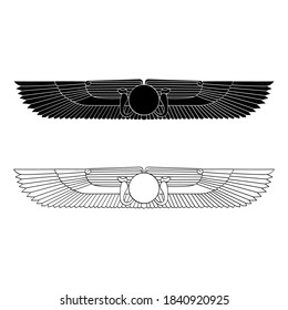 conjunto de iconos monocromáticos vectoriales con el símbolo egipcio antiguo Sol alado para su proyecto