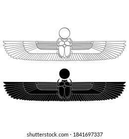 vector monochrome icon set with ancient egyptian symbol Winged sun with Scarabaeus for your project
