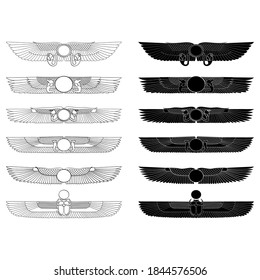 vector monochrome icon set with ancient egyptian symbol Winged sun for your project