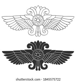 conjunto de iconos monocromos vectoriales con el símbolo antiguo Hittite Sol alado para su proyecto