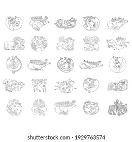 vector monochrome icon set with ancient Scythian art. Plaques with animal motifs for your project