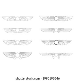 conjunto de iconos monocromáticos vectoriales con el símbolo egipcio antiguo Sol alado para su proyecto