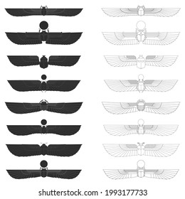 vector monochrome icon set with ancient egyptian symbol Scarab Winged sun for your project