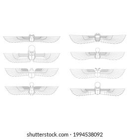 vector monochrome icon set with ancient egyptian symbol Scarab Winged sun for your project