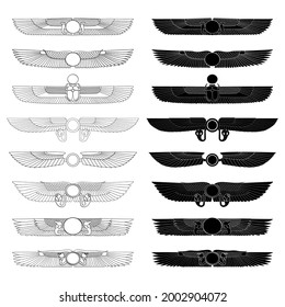 vector monochrome icon set with ancient egyptian symbol Winged sun for your project