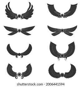 vector monochrome icon set with ancient egyptian symbol Winged sun for your project