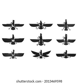 vector monochrome icon set with ancient  sumerian symbol Faravahar for your project