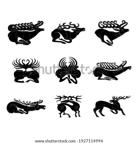 vector monochrome icon set with ancient Scythian art. Plaques with animal motifs for your project