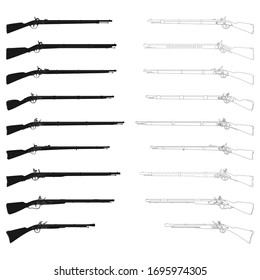 Vector monochrome icon  set with Antique Rifles 