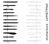 Vector monochrome icon set with bayonet knives