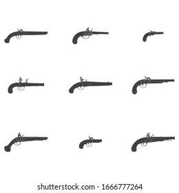 Vector monochrome icon set with old pistol guns