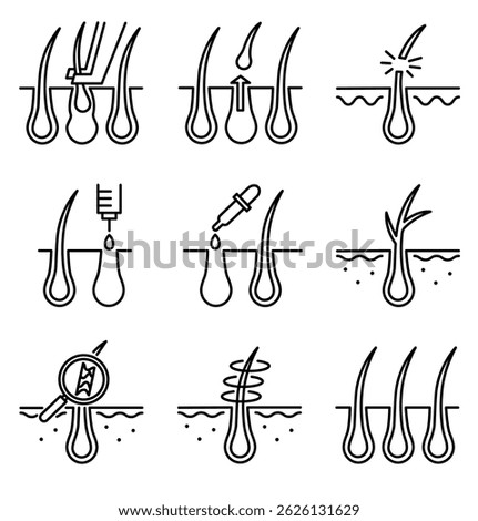 Vector monochrome icon set related to Treatment and Problem of Hair. Hair Care and Loss Problem. Dermatology Problem and Treatment Outline Icon. Pictogram. Editable Stroke. Isolated Illustration.