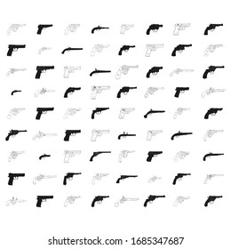 Conjunto de iconos monocromos vectoriales con Revólveres y pistolas