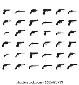 Vector monochrome icon set with Revolvers and pistols