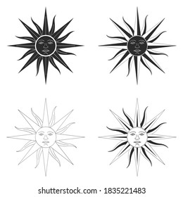 vector monochrome icon set with Sun of May ancient symbol of Incan sun god Inti