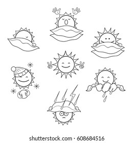 Vector monochrome icons with the image of the sun in different weather conditions