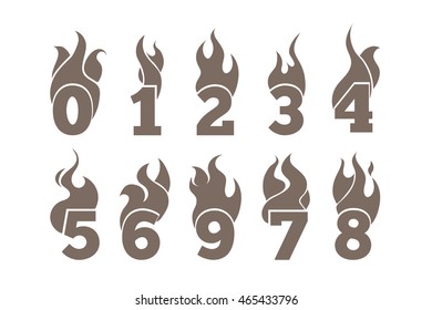 vector monochrome icons set of Flaming Numbers. Pictures isolate on white background. Illustrations for your personal emblems or logo design