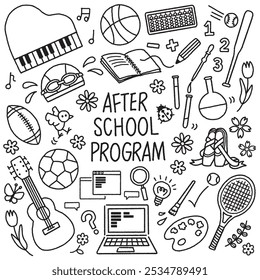 Vector monochrome illustration of after school program icons