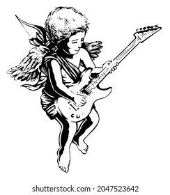 Vector monochrome illustration of angel playing guitar. Art in simple and stripped lines.