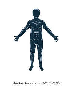 Vector monochrome illustration of athletic man, anthropocentrism concept.