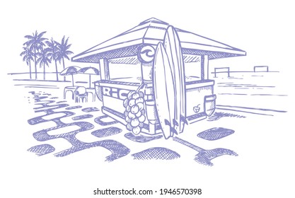 Vector monochrome illustration of beach kiosk. Art in a stripped-down style with simple strokes.