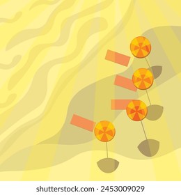 Ilustración monocromática de Vector de una playa con tumbonas y sombrillas. El sol resplandeciente ensombrece las sombrillas. Verano, sol, mar, día soleado en la playa. Vacaciones, viajes