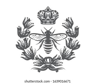 Vector monochrome illustration with bee, imperial crown and laurel wreath.