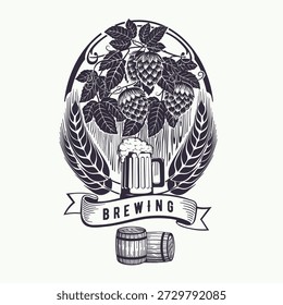 Monochrome Vektorgrafik für die Bierindustrie. Hopfen, Gerste, Bierkrug, Fass, Brauen. Brauereilogo, Emblem und Bieretikett. Sehr detailliert, geeignet für Gravur.