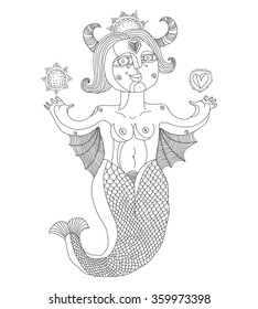Vector monochrome illustration of bizarre creature, nude woman with wings, animal side of human being. Goddess conceptual hand drawn allegory image. 