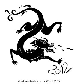 Vector monochrome illustration of black dragon and year 2012