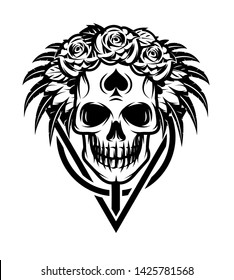 Vector monochrome illustration with bride, skull, rose.