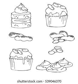 vector monochrome illustration of cakes and peanut nuts