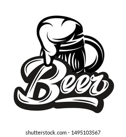 Vector monochrome illustration with calligraphic inscription - Beer and mug.