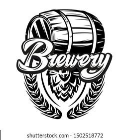 Vector monochrome illustration with calligraphic inscription Brewery with barrel and hops.