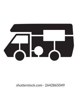 Ilustração monocromática vetorial de um ícone de van campista isolado em um fundo branco. Ideal para viagens, acampamentos e temas de viagem