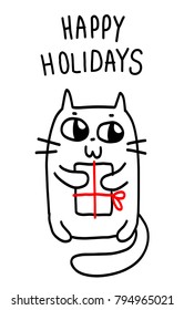 Vector monochrome illustration of cartoon fat cat with a present with red ribbon. Lovely holiday happy cat on white background with wish. Doodle line art style design for card, web, site, print