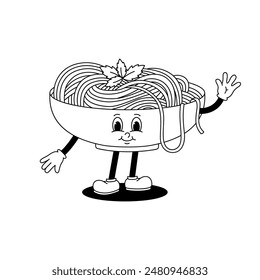 Vektorgrafik monochrome Illustration eines Cartoon-Retro-Maskottchen auf einem Teller mit Pasta. Klassischer Stil 30er, 40er, 50er Jahre alte Animation. Aufkleber isoliert auf weißem Hintergrund.