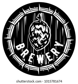 vector monochrome illustration with a cask and hop
