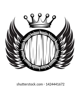Vector monochrome illustration with cask, wings and crown.
