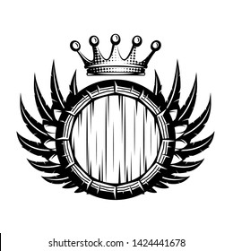 Vector monochrome illustration with cask, wings and crown.