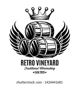 Vector monochrome illustration with cask, wings and crown.