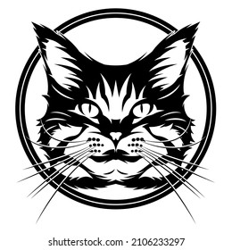 Vector monochrome illustration with a cat s head. Maine Coon. Template, element for design.