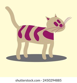 Vector monochrome illustration of a cat with stripes and raised tail. Standing cat. Cat with stripes. Hunter, predator, beast, cat, pet