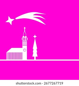 Ilustración monocromática de Vector con un tema de Navidades. Ilustración de Navidades. Iglesia blanca con un árbol de Navidad y un cometa que cae sobre un fondo púrpura claro. Lugar para el texto.