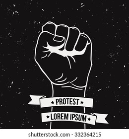 Vector Monochrome Illustration Of Clenched Fist Held High In Protest With Ribbon And Place For Text. Grunge Poster.