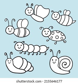 Vector monochrome illustration, coloring book, Collection of cute insects , cartoon insects with a cute smile on a light background