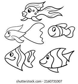 Vector Monochrome illustration, coloring book. Set of cartoon happy fish from aquarium and ocean, Exotic fish, cartoon fish