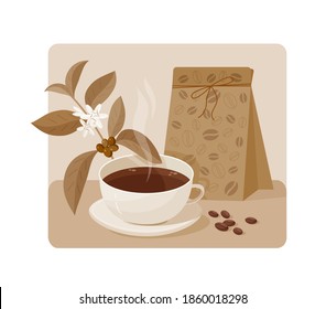 Vector monochrome illustration with a cup of coffee, packaging and a branch of a coffee tree.  